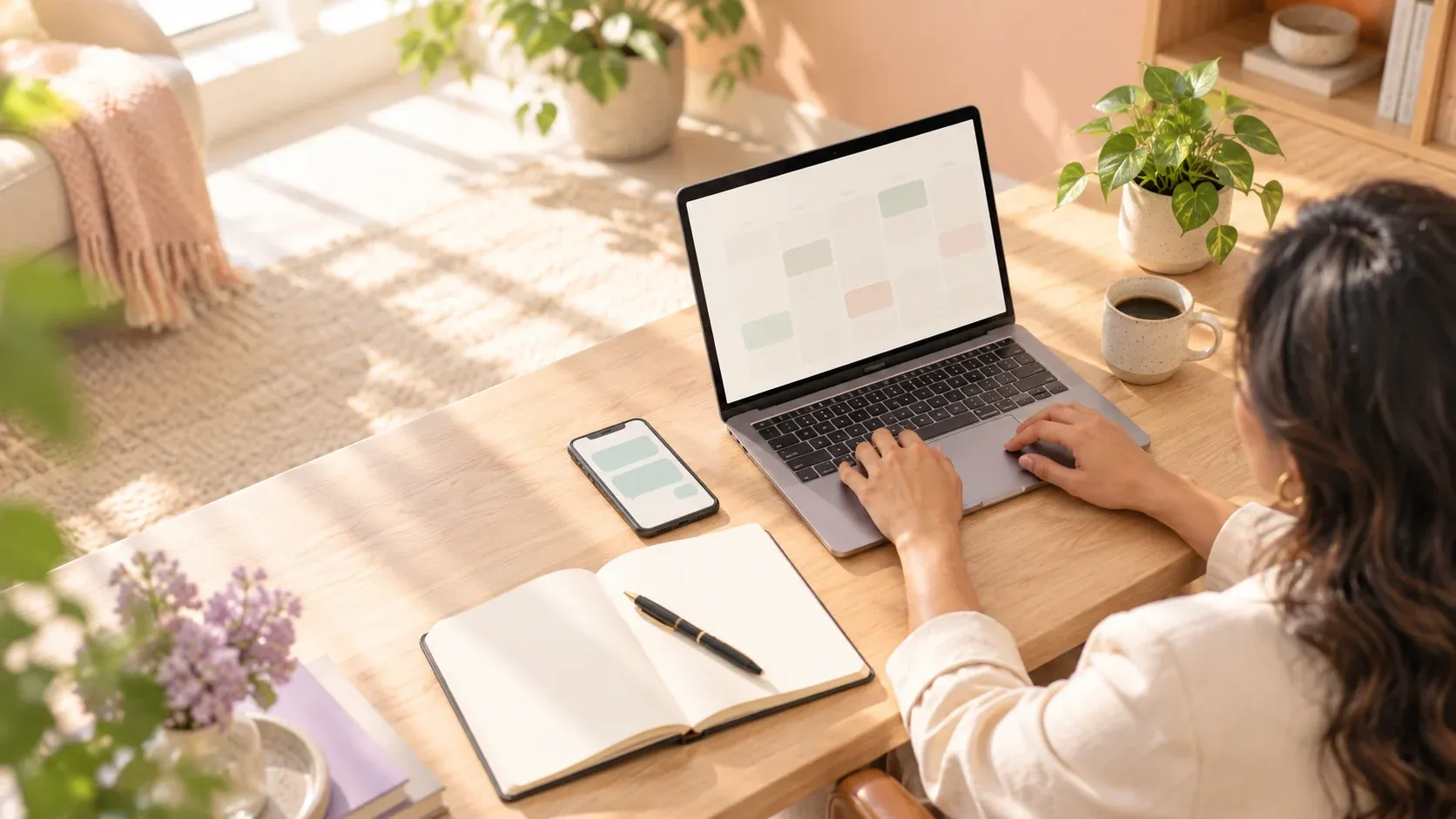 A business owner working at a tidy desk with a laptop calendar and phone chat side by side.