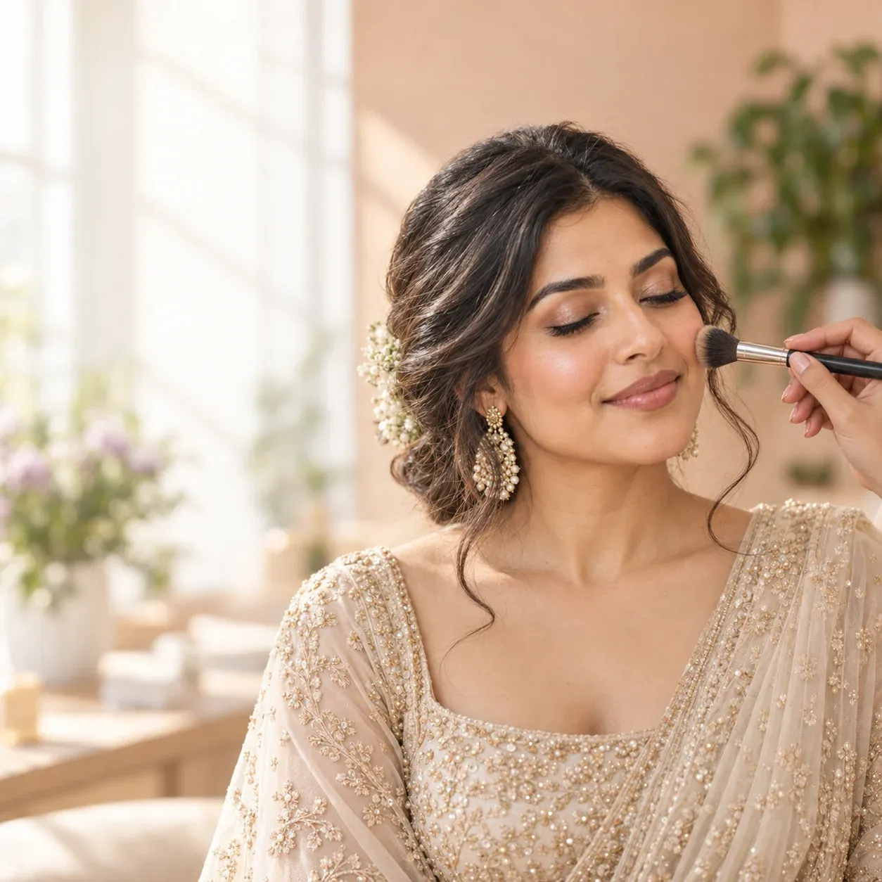 A bride with soft glam makeup as a makeup artist applies highlighter.