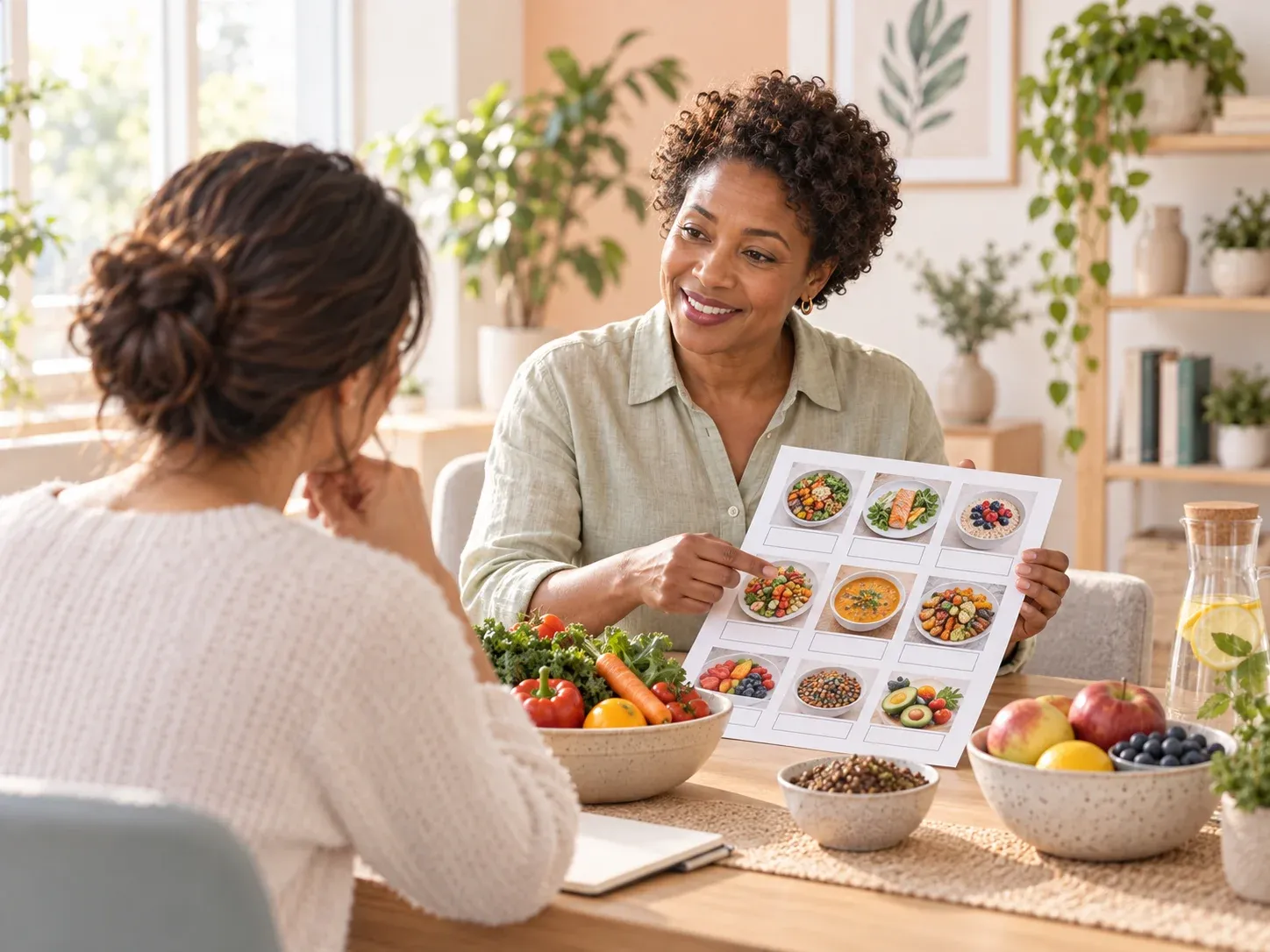 A nutritionist walking a client through a weekly meal plan beside fresh produce.