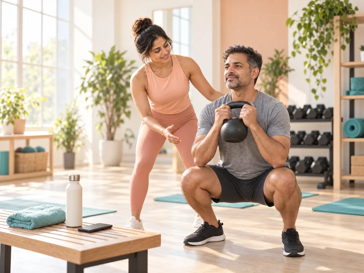 A personal trainer coaching a client through a kettlebell squat while her phone rests face-down on the bench.