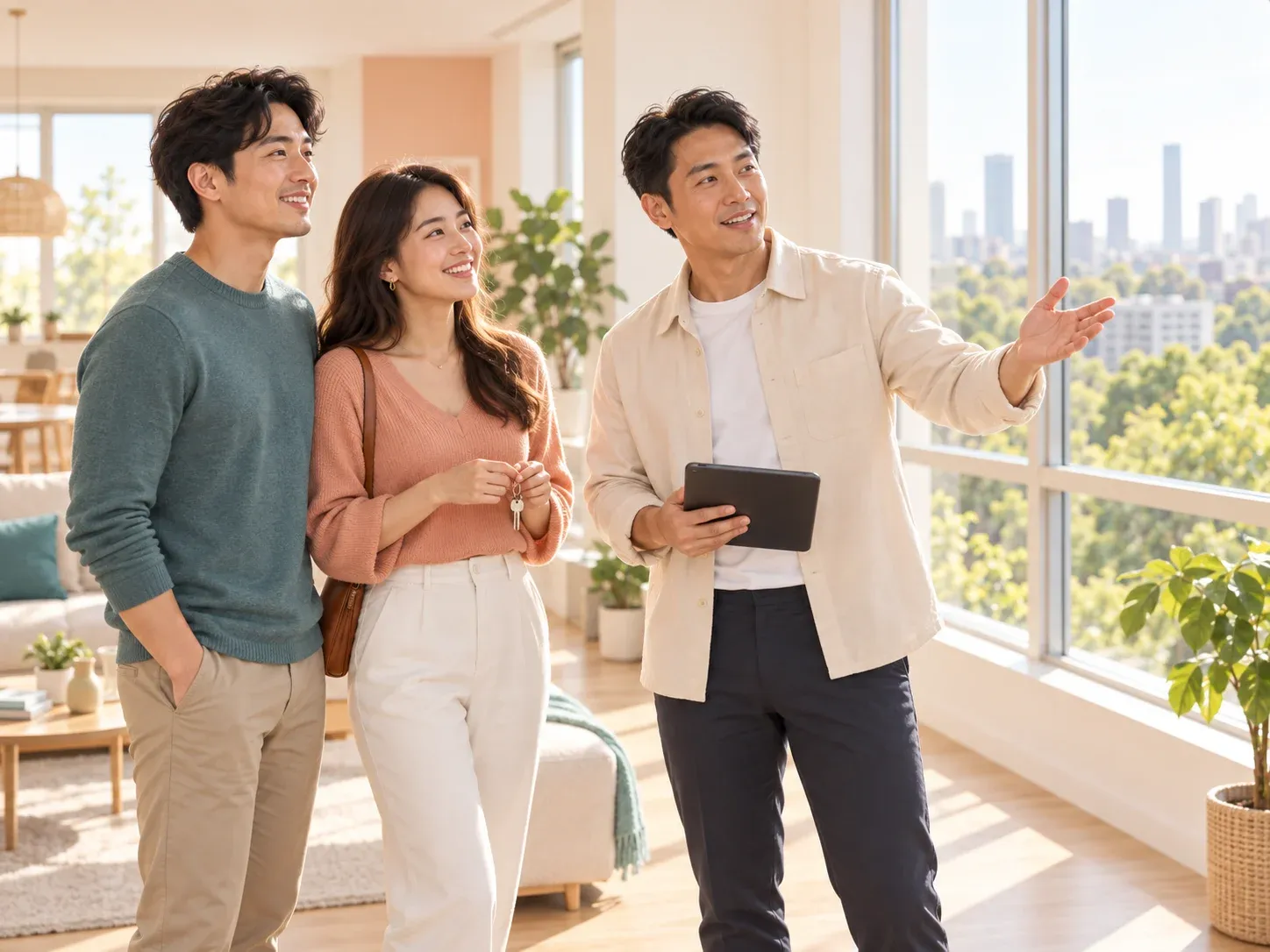 A real estate agent showing a bright new apartment to a couple holding its keys.