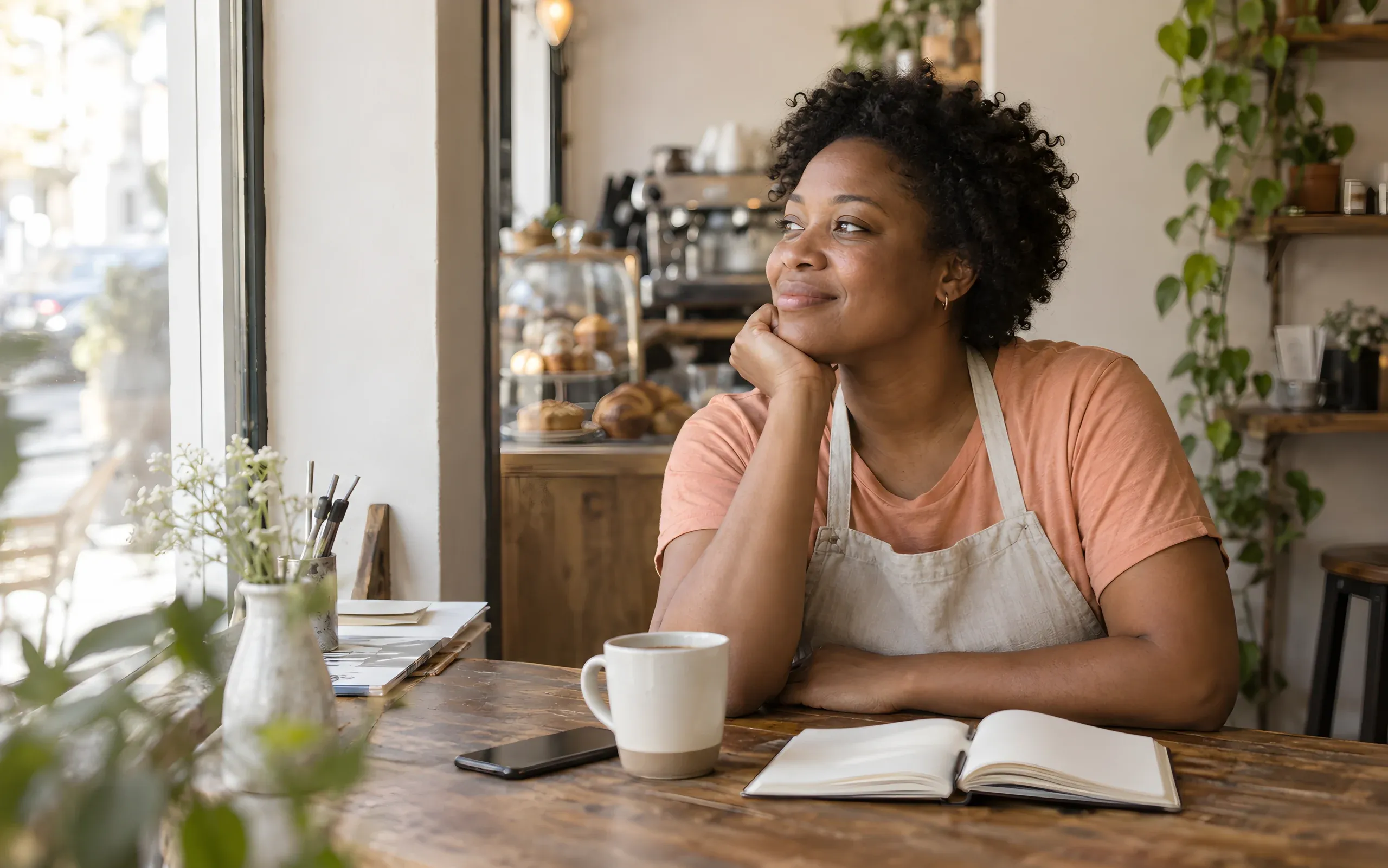 A café owner taking a quiet moment with her notebook after the morning rush.