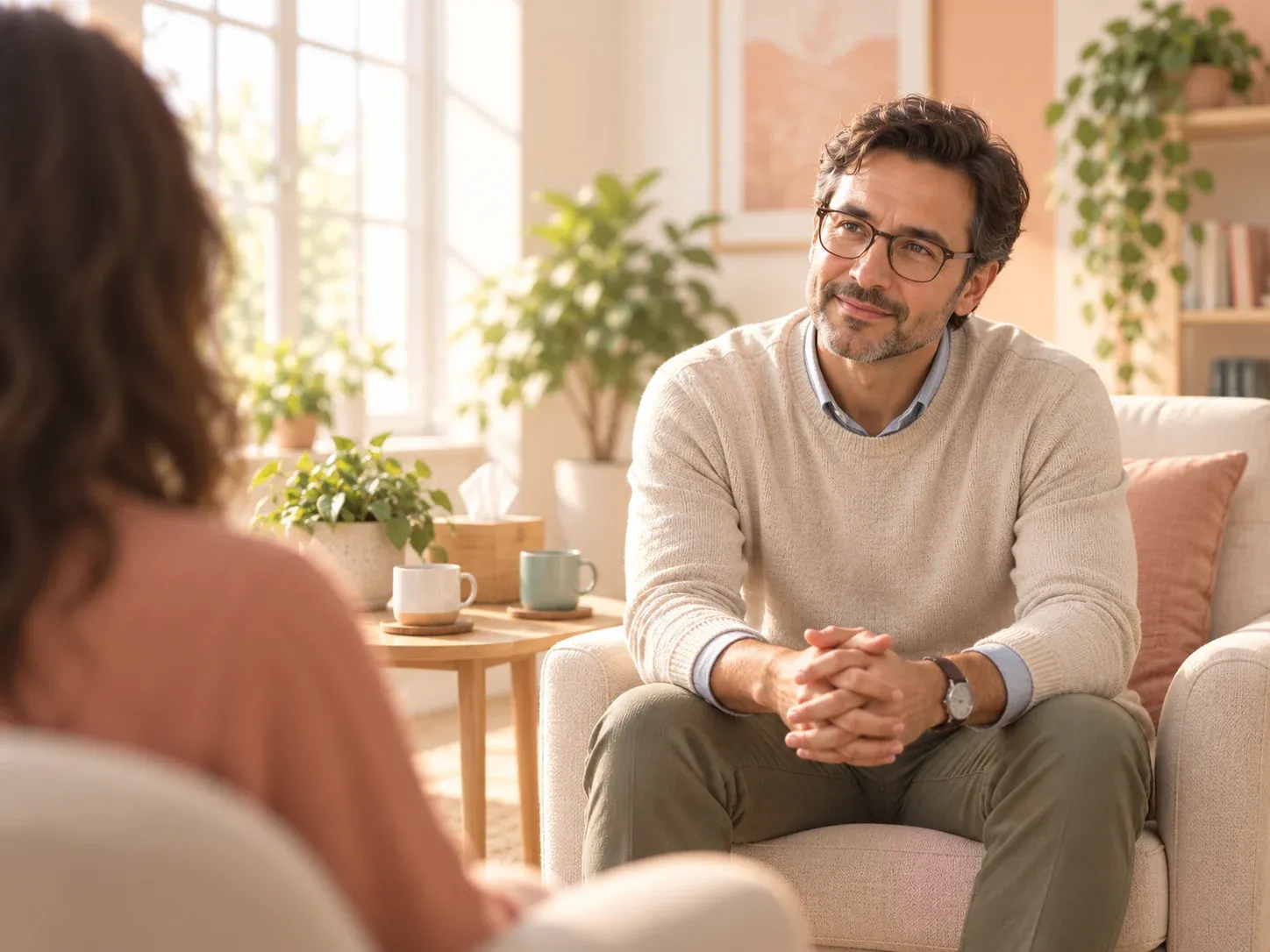A therapist listening attentively to a client in a calm counselling room.